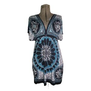 Vintage 90s Y2K Body Central Boho Sleaze V-neck Dress Baroque Teal Motif S/M